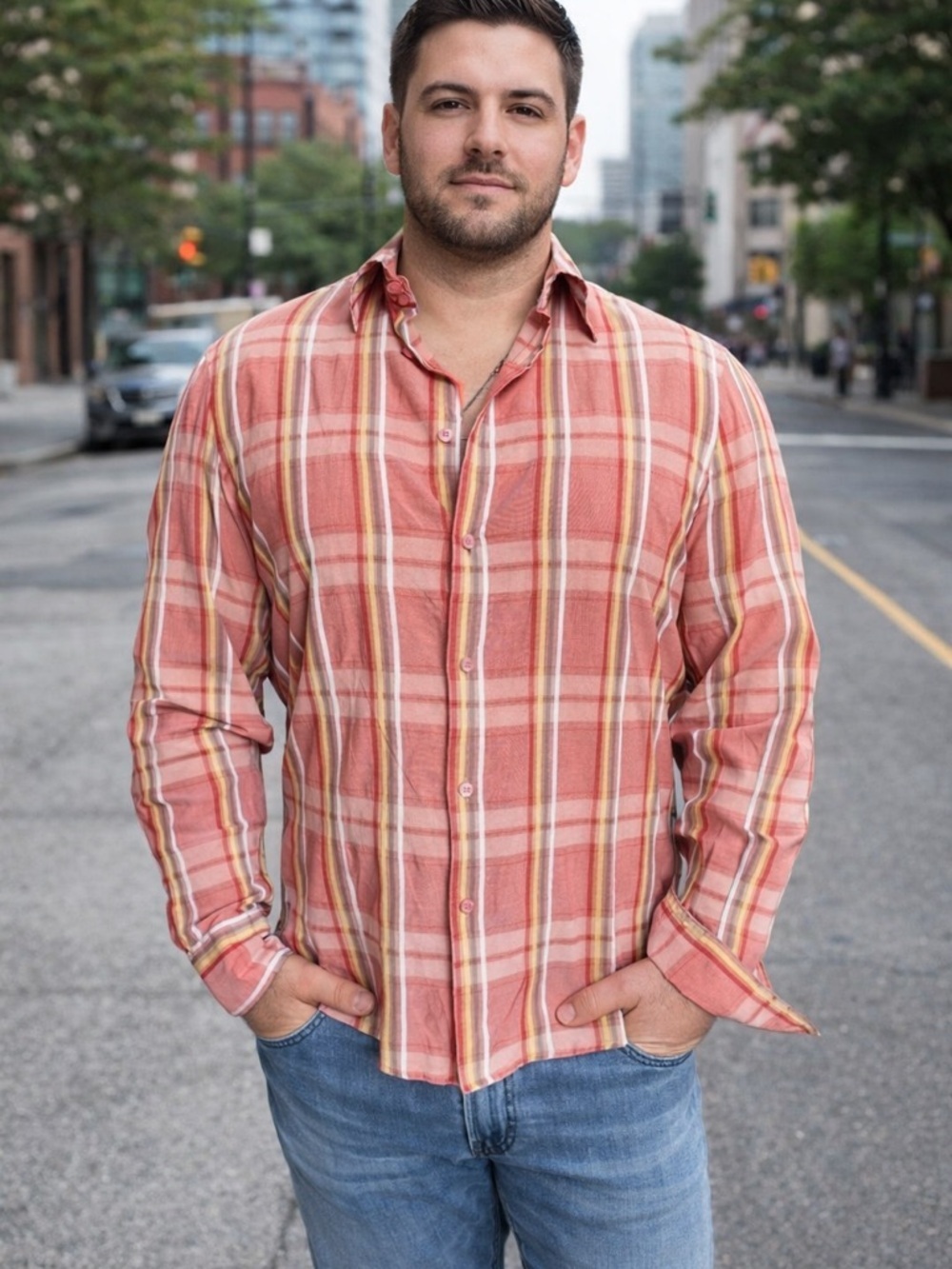 Armani Exchange Derey Phillippe Stripped Plaid Pink Men’s Button Down Shirt L